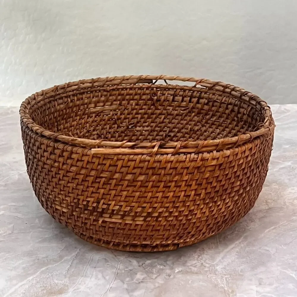 Natural Rattan Round Fruit Basket Weaved Aged Patina 10.5